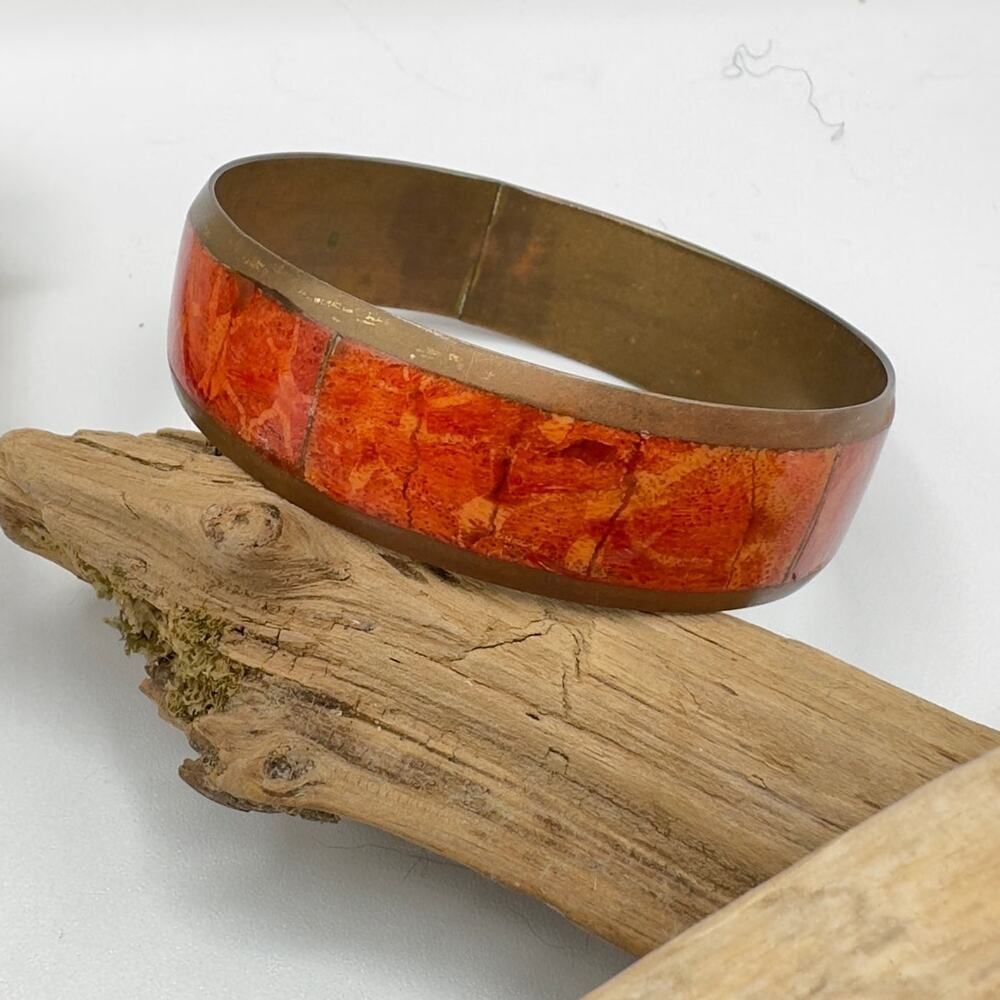 Vintage Apple Coral Inlay Brass Bangle Bracelet, Orange Mosaic Wide Bracelet
